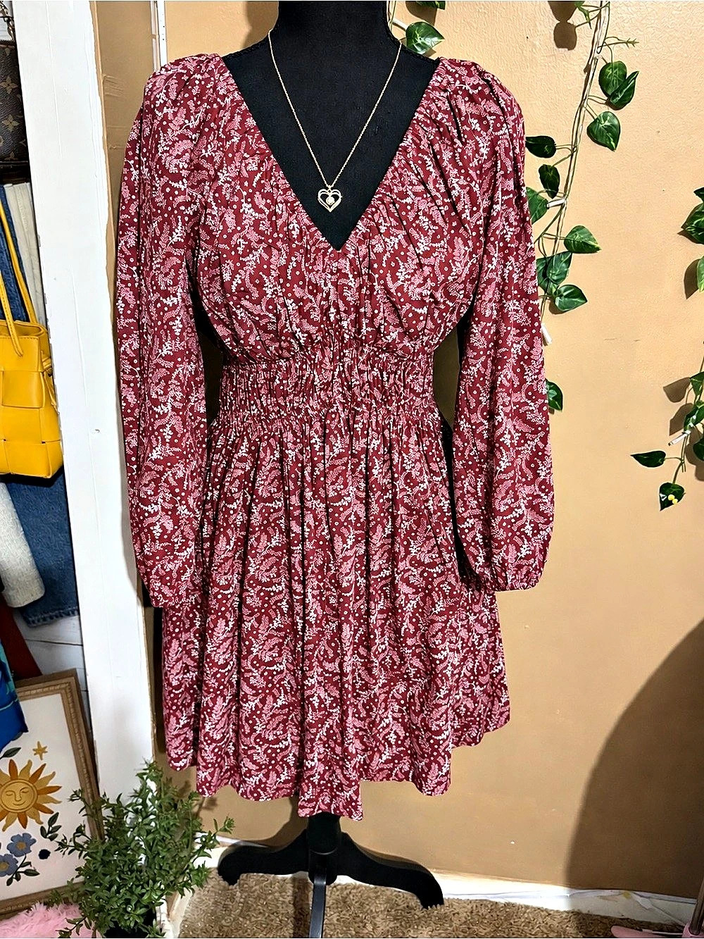Madewell Smocked Y-Neck Mini Dress in Floral Red & White Size 6